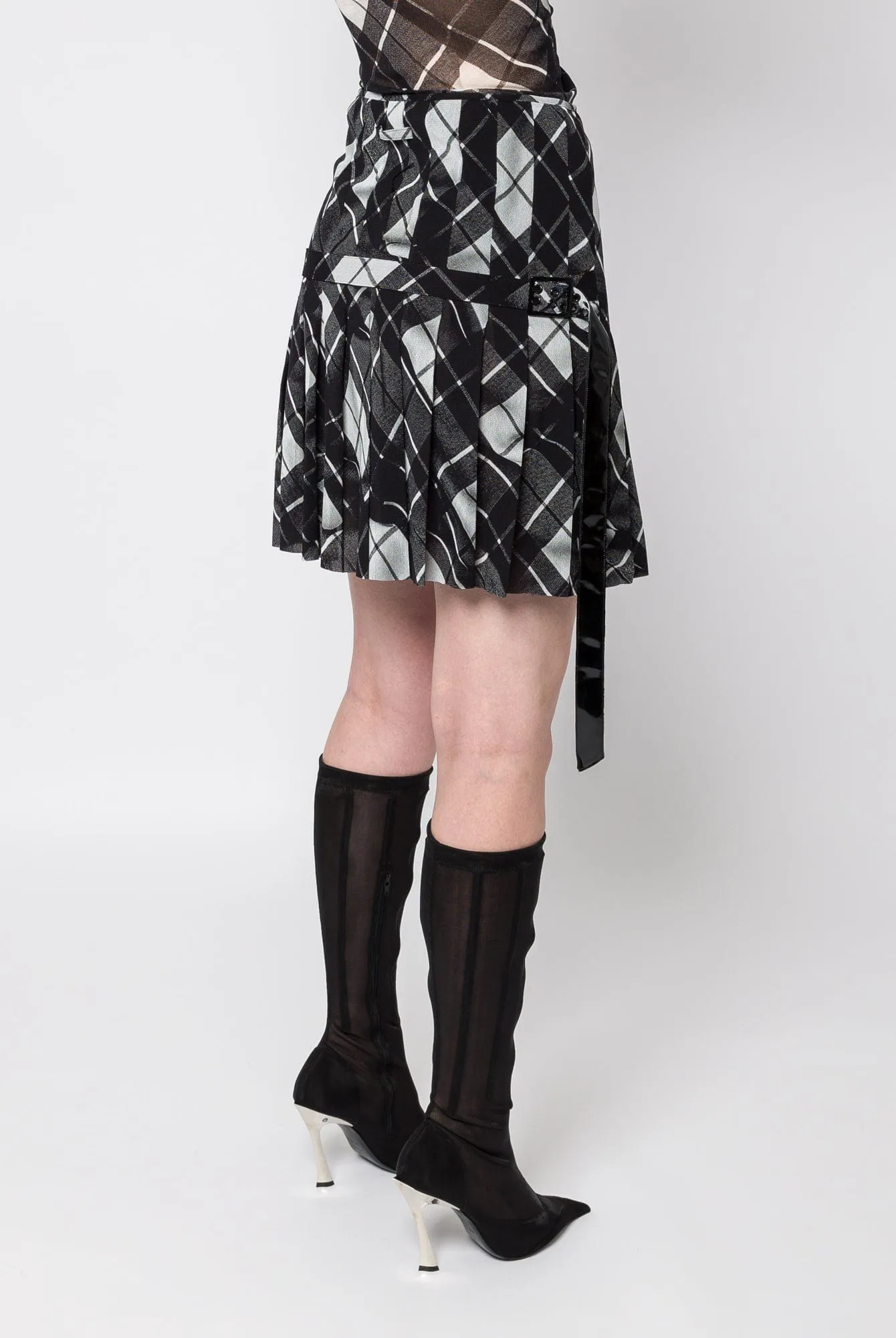 Jean Paul Gaultier Distorted Tartan Pleated Mesh Short Skirt