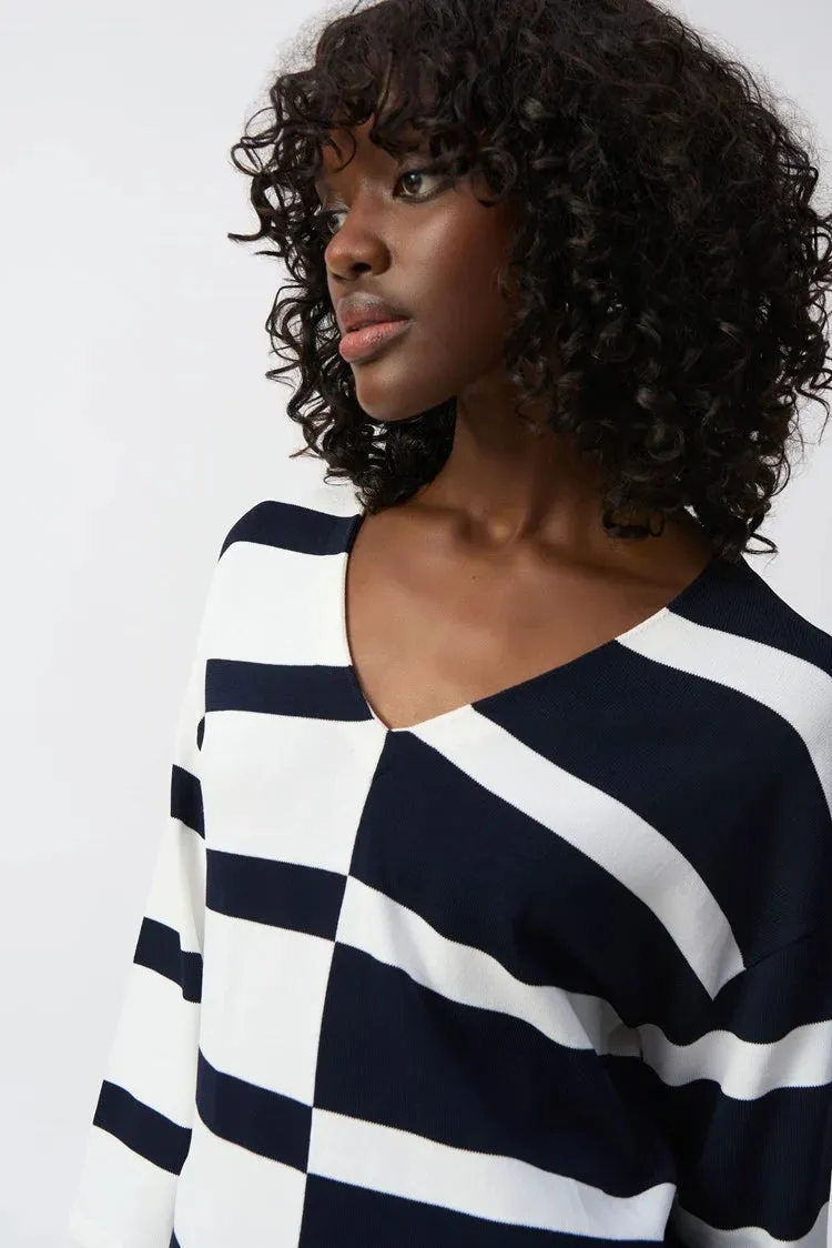 Joseph Ribkoff Stripe Sweater Knit V Neck - Vanilla/Midnight Blue