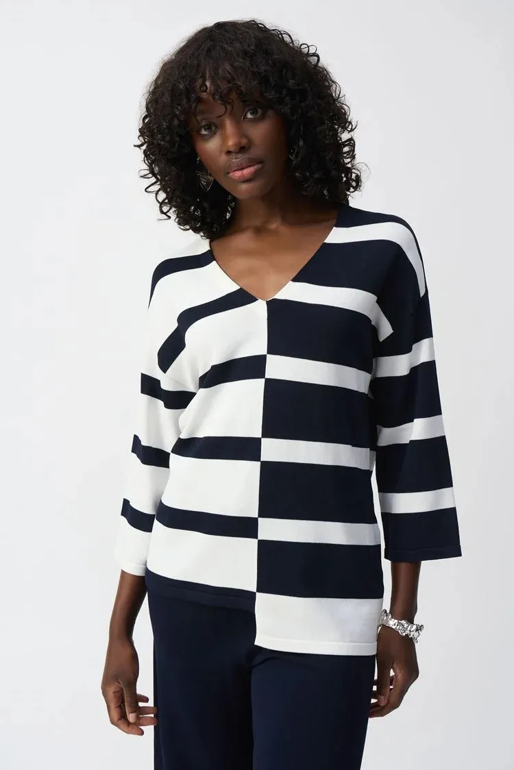Joseph Ribkoff Stripe Sweater Knit V Neck - Vanilla/Midnight Blue