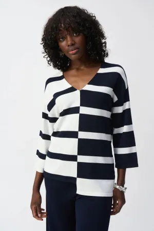 Joseph Ribkoff Stripe Sweater Knit V Neck - Vanilla/Midnight Blue