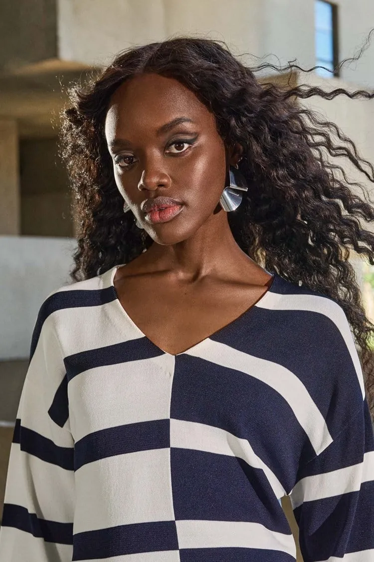 Joseph Ribkoff Stripe Sweater Knit V Neck - Vanilla/Midnight Blue