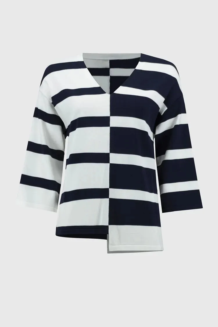 Joseph Ribkoff Stripe Sweater Knit V Neck - Vanilla/Midnight Blue