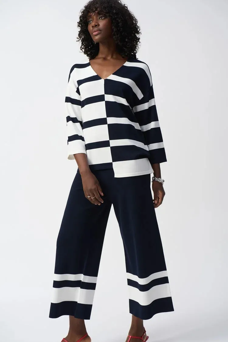 Joseph Ribkoff Stripe Sweater Knit V Neck - Vanilla/Midnight Blue