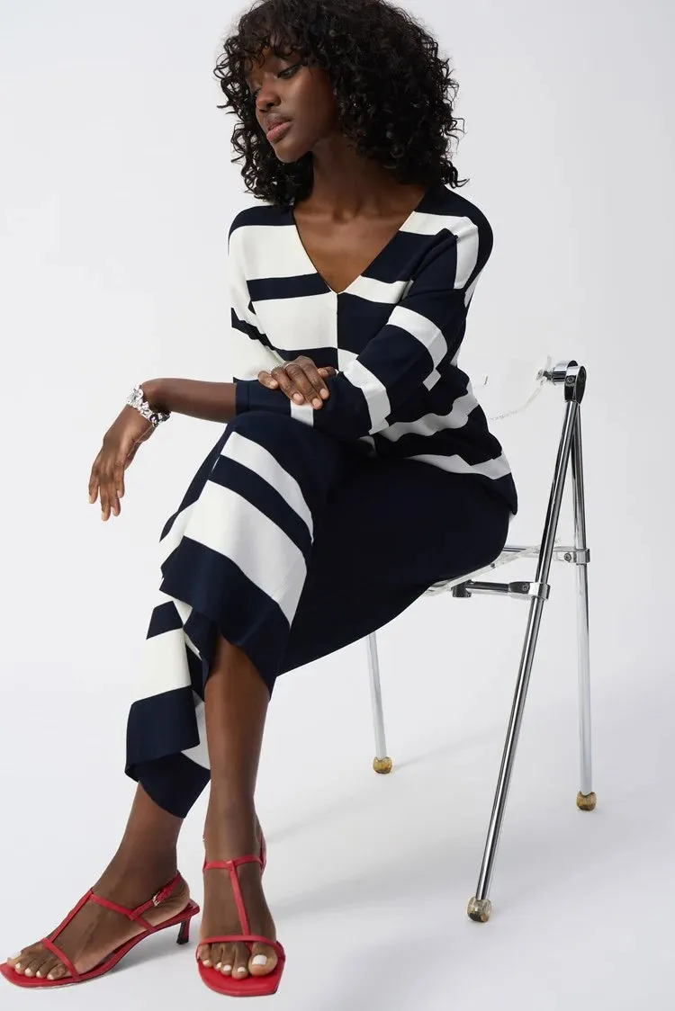 Joseph Ribkoff Stripe Sweater Knit V Neck - Vanilla/Midnight Blue