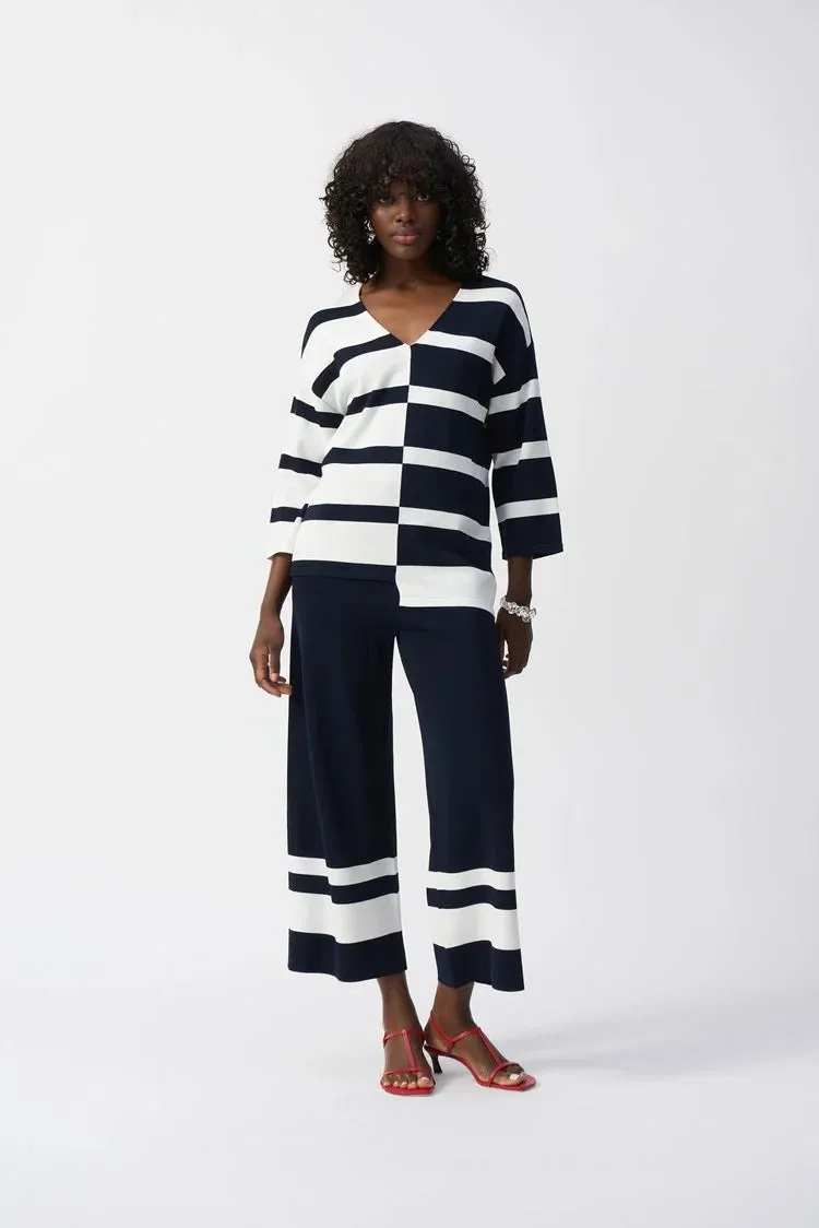 Joseph Ribkoff Stripe Sweater Knit V Neck - Vanilla/Midnight Blue