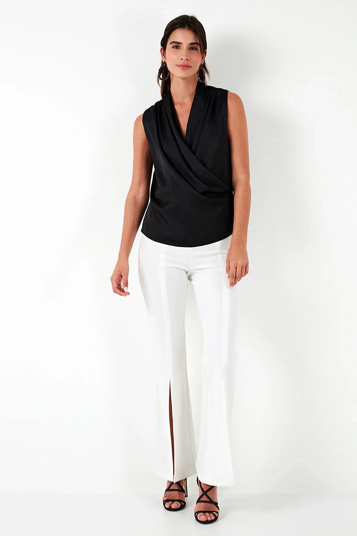 Lela Double Breasted Collar Sleeveless Satin Blouse