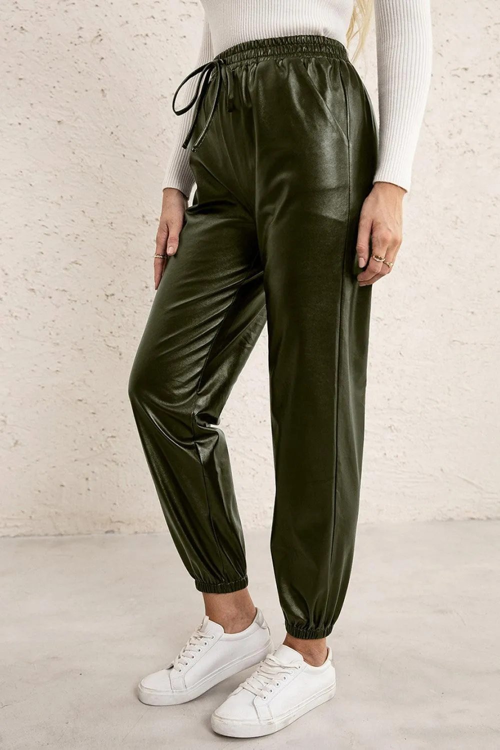 Long Lasting Elastic High Waisted Leather Joggers