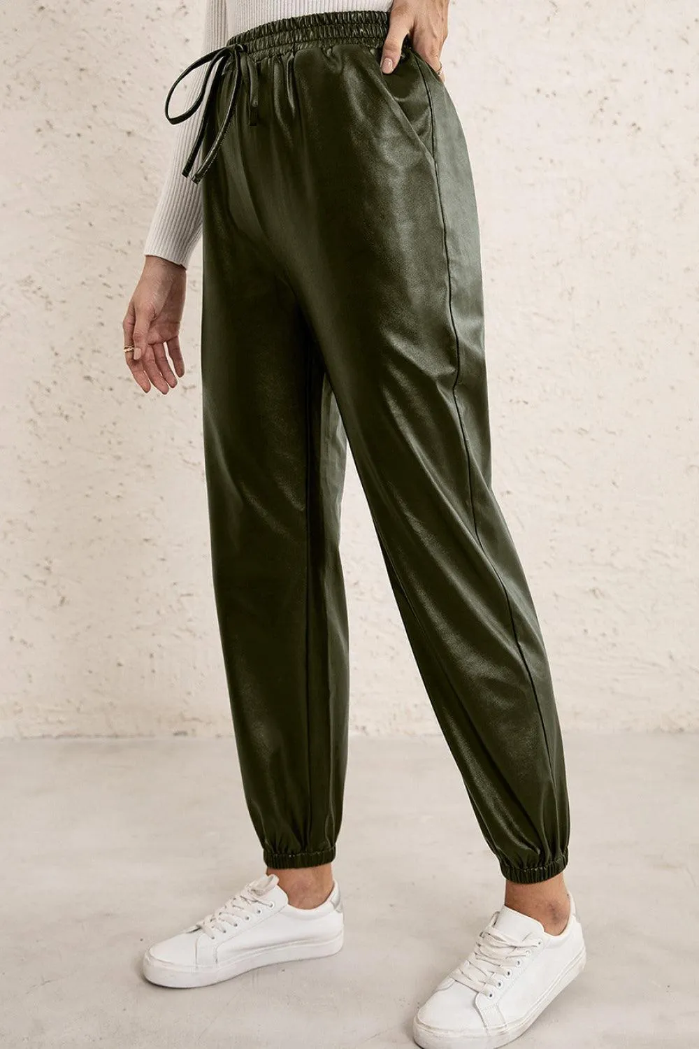 Long Lasting Elastic High Waisted Leather Joggers