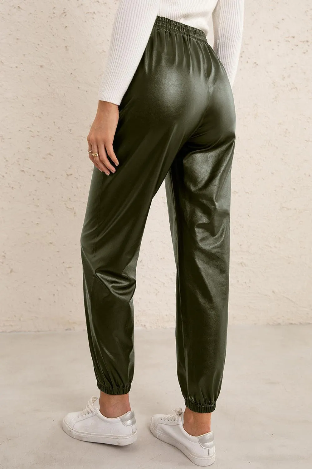 Long Lasting Elastic High Waisted Leather Joggers