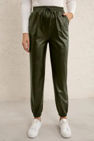 Long Lasting Elastic High Waisted Leather Joggers