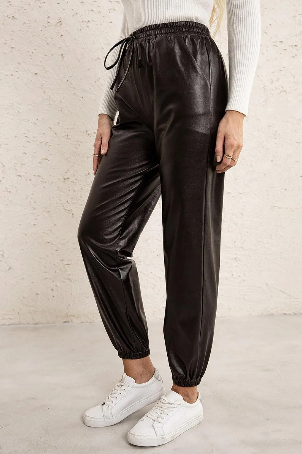 Long Lasting Elastic High Waisted Leather Joggers