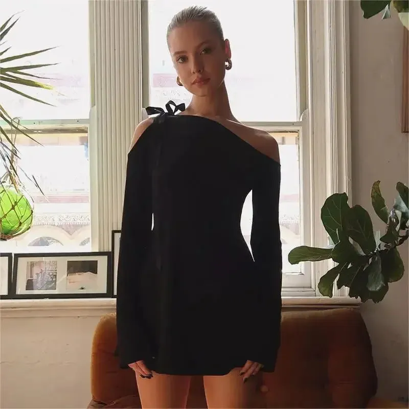 Long Shoulder Tie Up Hollow Out Mini Dress