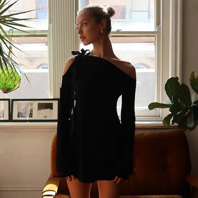 Long Shoulder Tie Up Hollow Out Mini Dress