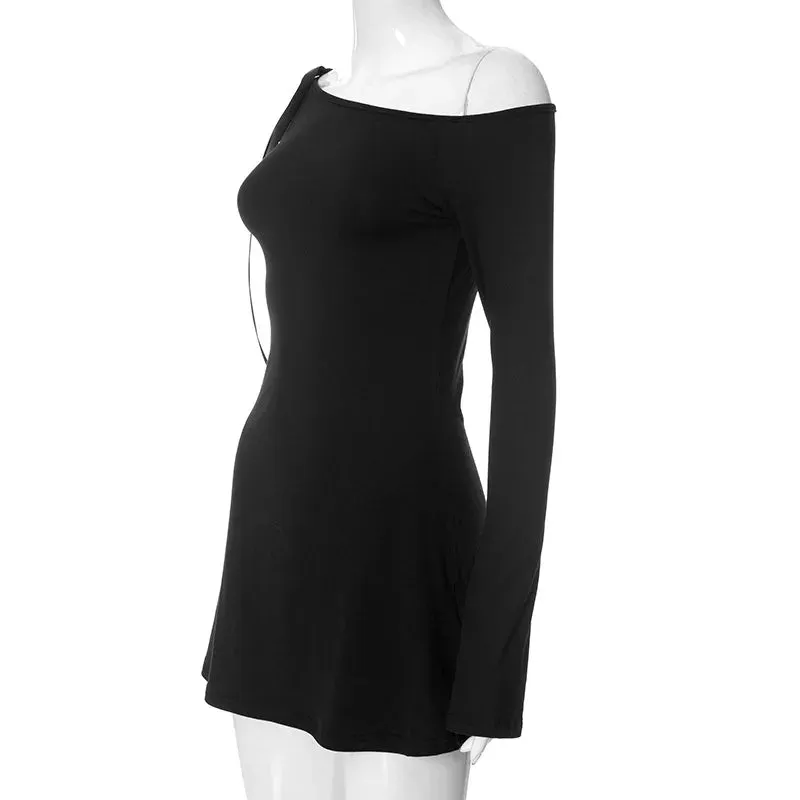 Long Shoulder Tie Up Hollow Out Mini Dress