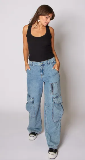 Low Rise Cargo Denim Pants