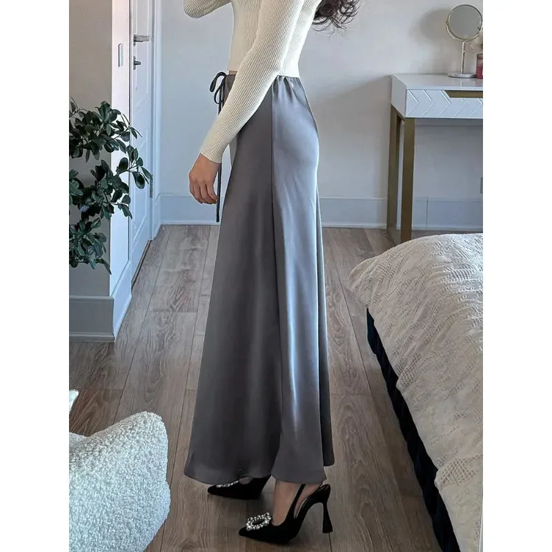 LVSANW Solid Satin Long Skirts For Women Autumn Elegant Women's High Waist A-Line Maxi Skirts Female Fashion Silk Lace Up Skirt