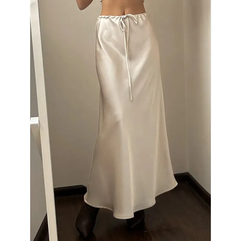 LVSANW Solid Satin Long Skirts For Women Autumn Elegant Women's High Waist A-Line Maxi Skirts Female Fashion Silk Lace Up Skirt