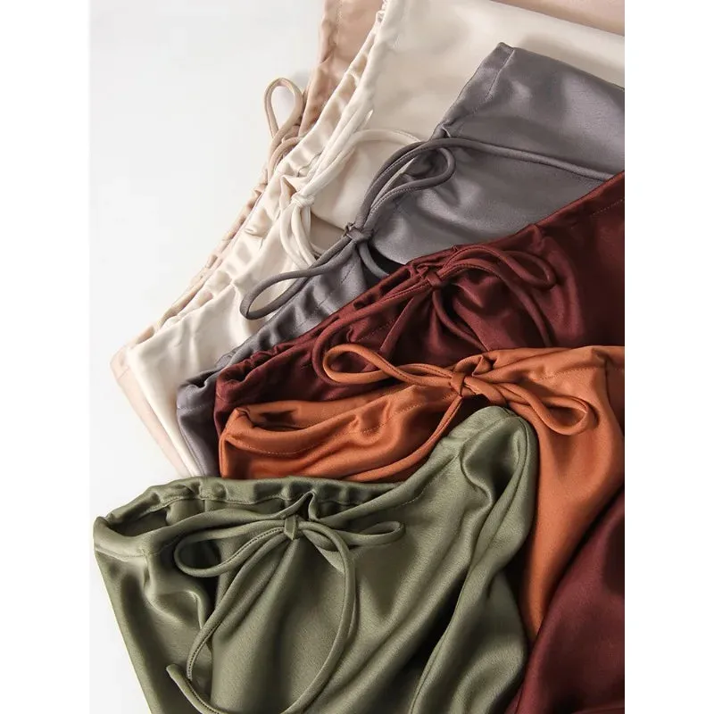 LVSANW Solid Satin Long Skirts For Women Autumn Elegant Women's High Waist A-Line Maxi Skirts Female Fashion Silk Lace Up Skirt