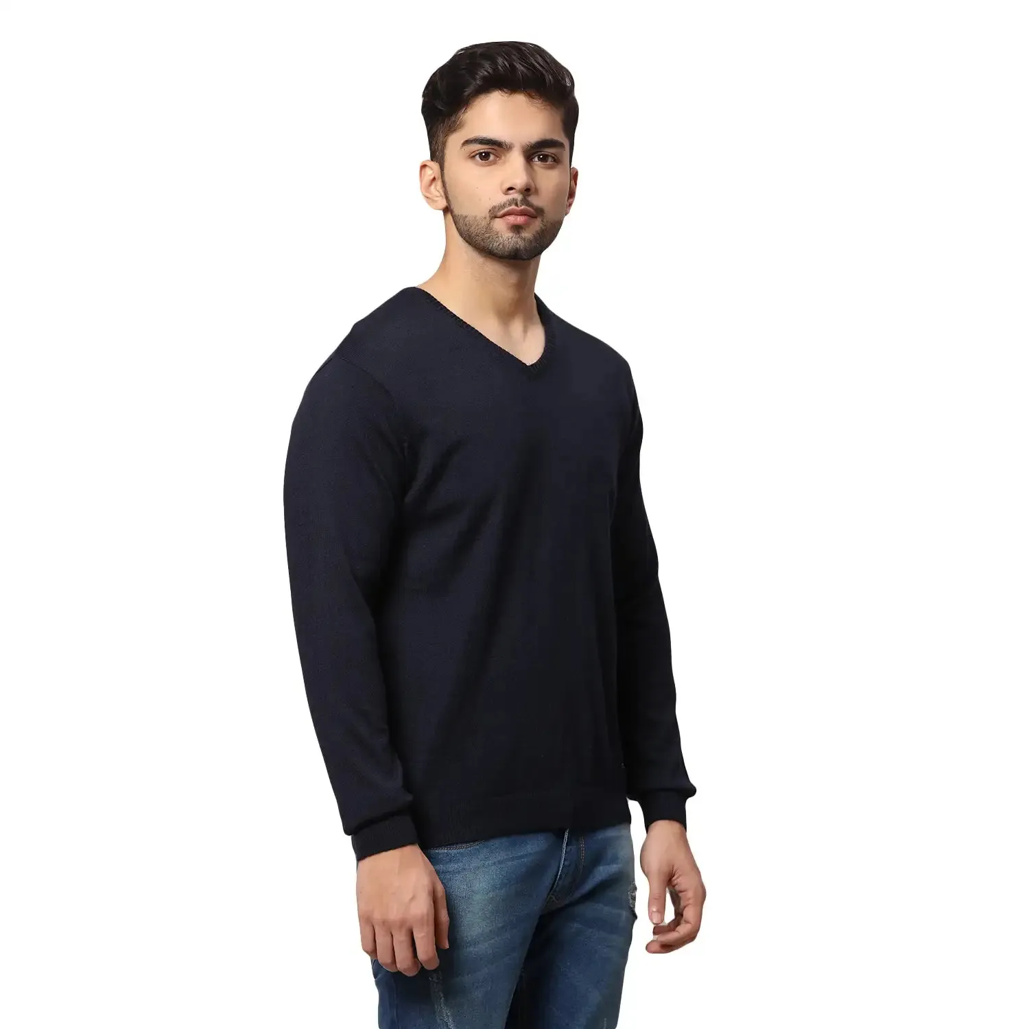Men Blue Regular Fit Solid Wool Blend Full Sleeve V Neck Collar Sweaters