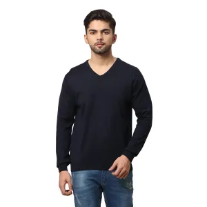 Men Blue Regular Fit Solid Wool Blend Full Sleeve V Neck Collar Sweaters