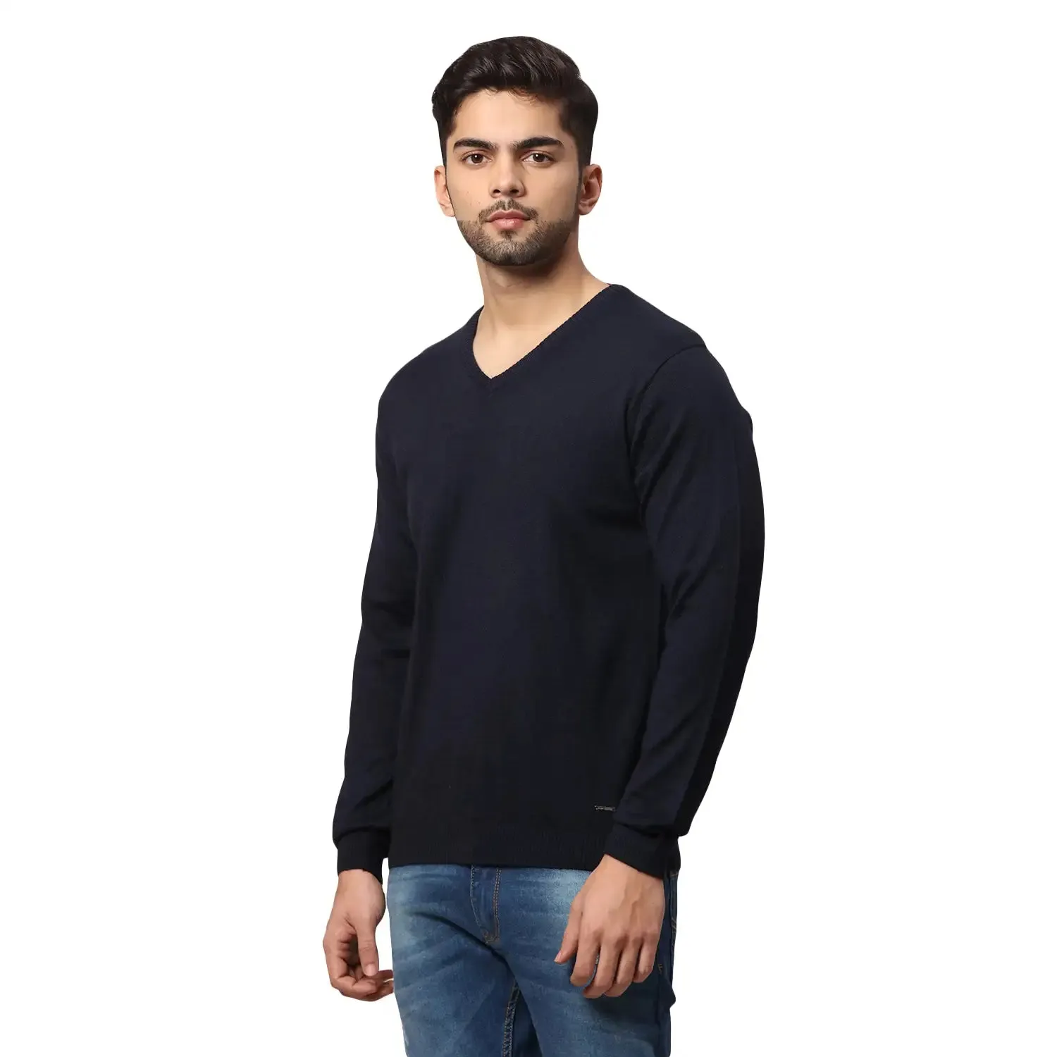 Men Blue Regular Fit Solid Wool Blend Full Sleeve V Neck Collar Sweaters