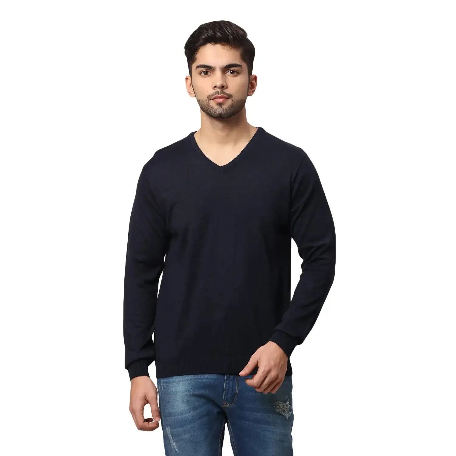 Men Blue Regular Fit Solid Wool Blend Full Sleeve V Neck Collar Sweaters
