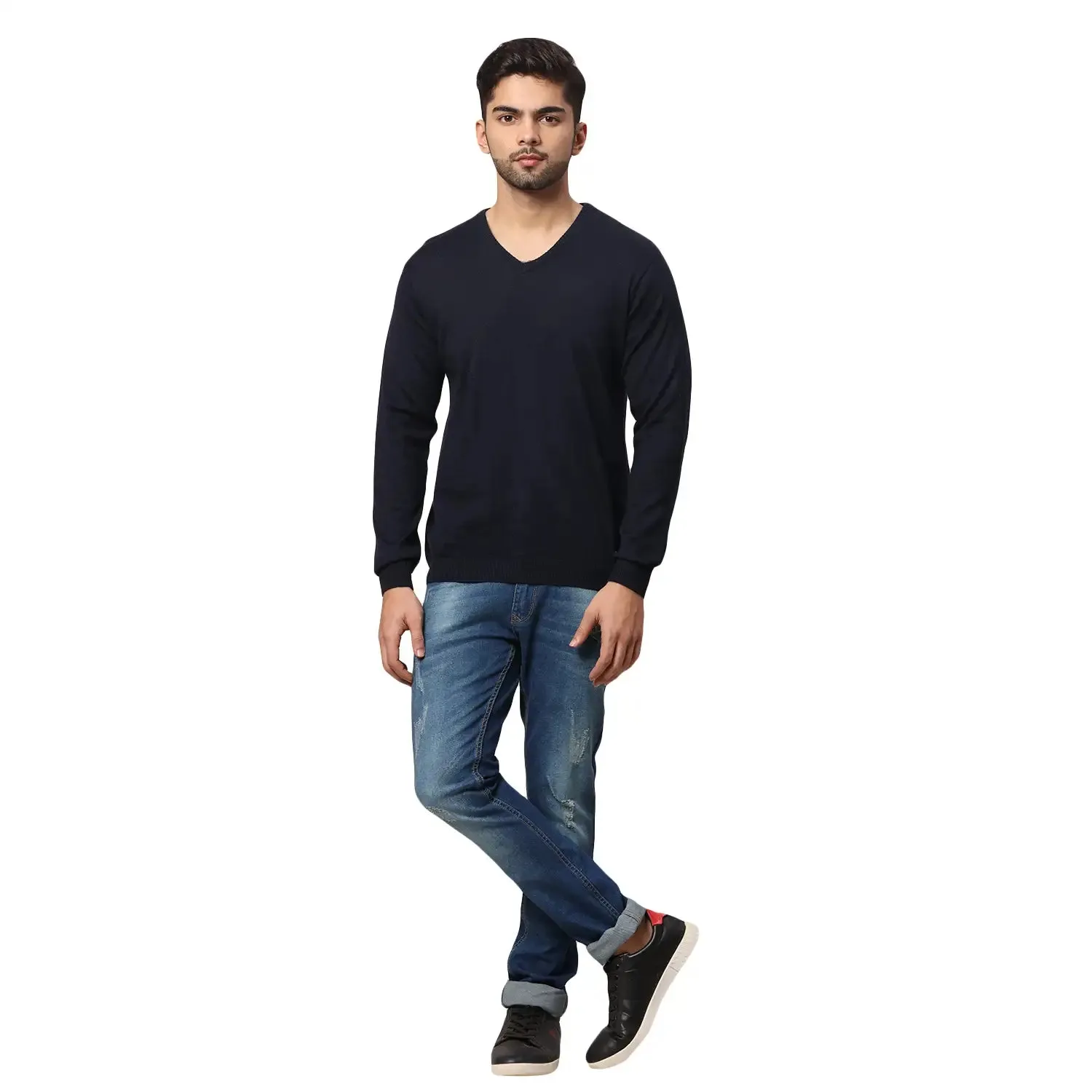 Men Blue Regular Fit Solid Wool Blend Full Sleeve V Neck Collar Sweaters