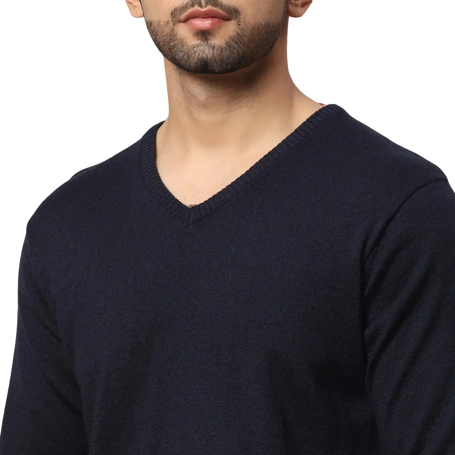 Men Blue Regular Fit Solid Wool Blend Full Sleeve V Neck Collar Sweaters
