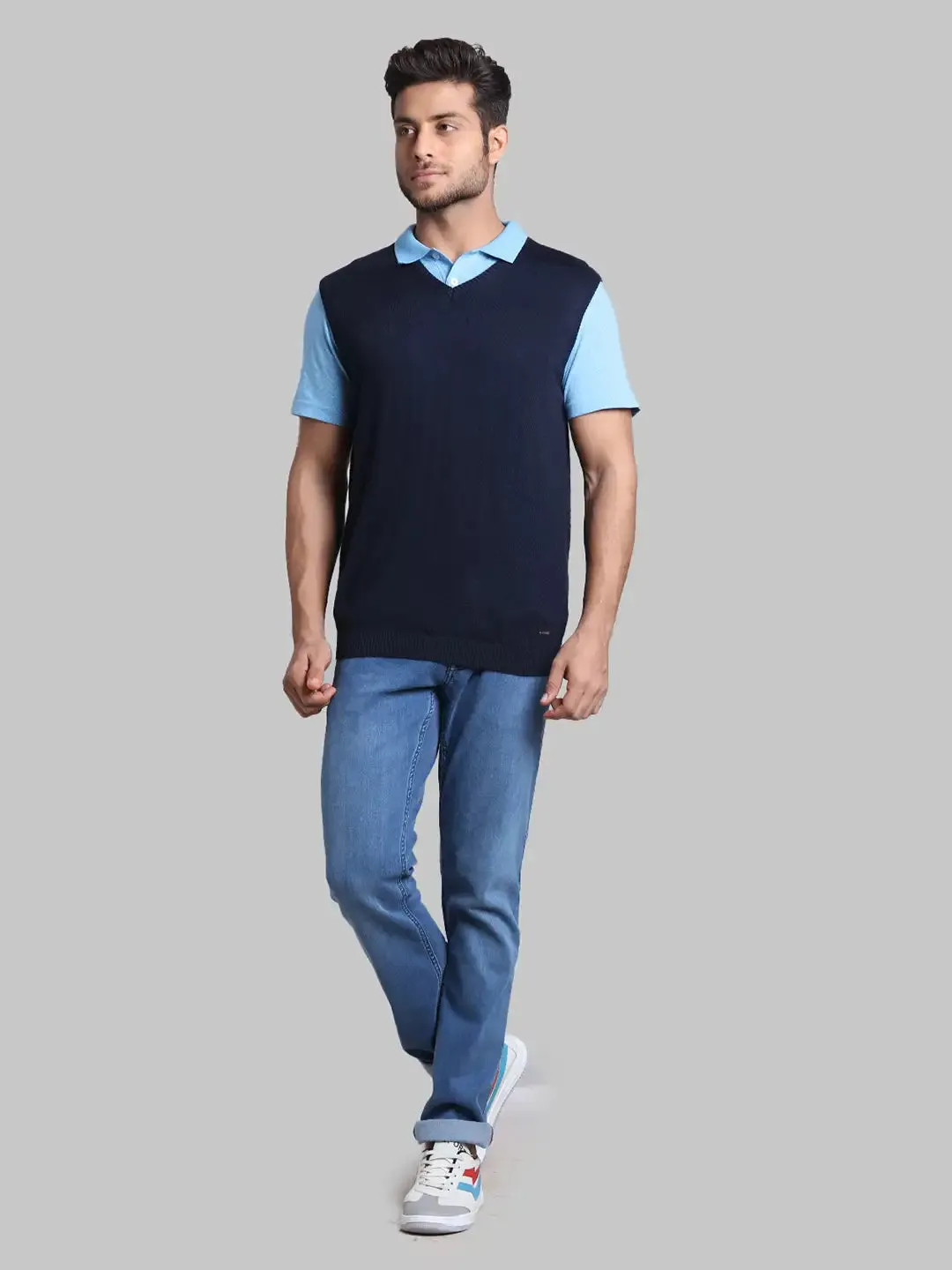 Men Blue Regular Fit Solid Wool Blend Sleeveless V Neck Collar Sweaters