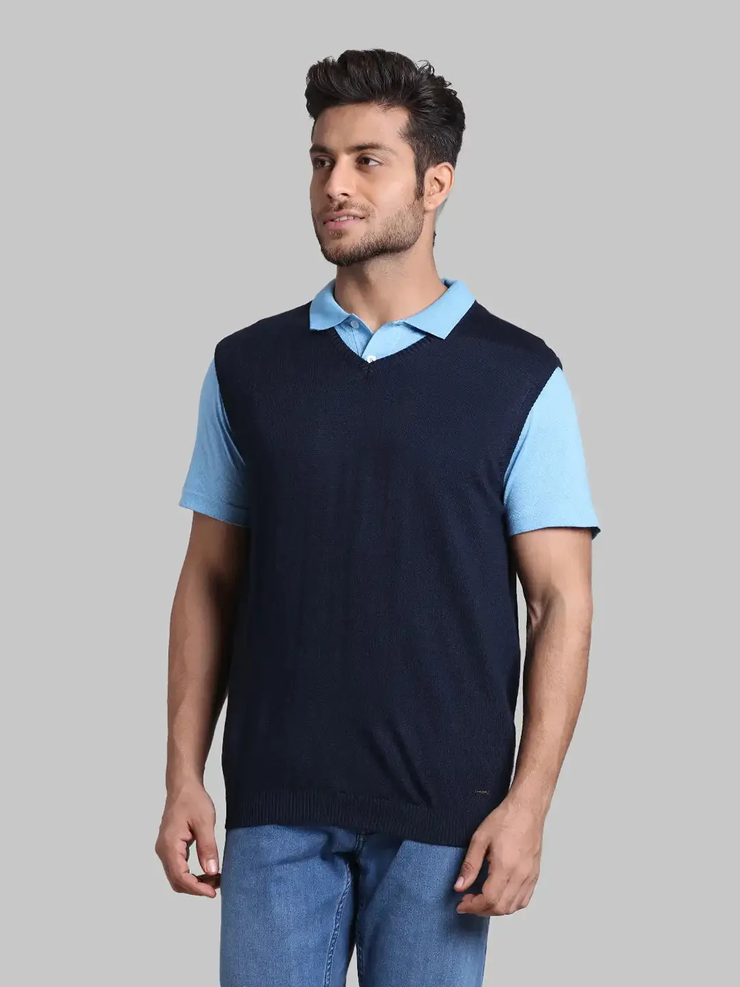 Men Blue Regular Fit Solid Wool Blend Sleeveless V Neck Collar Sweaters