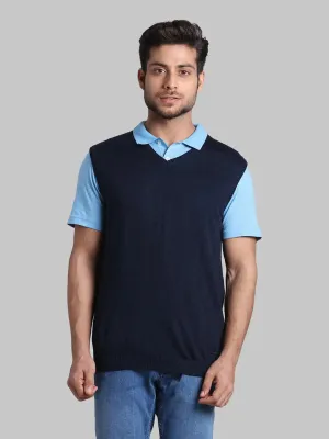 Men Blue Regular Fit Solid Wool Blend Sleeveless V Neck Collar Sweaters