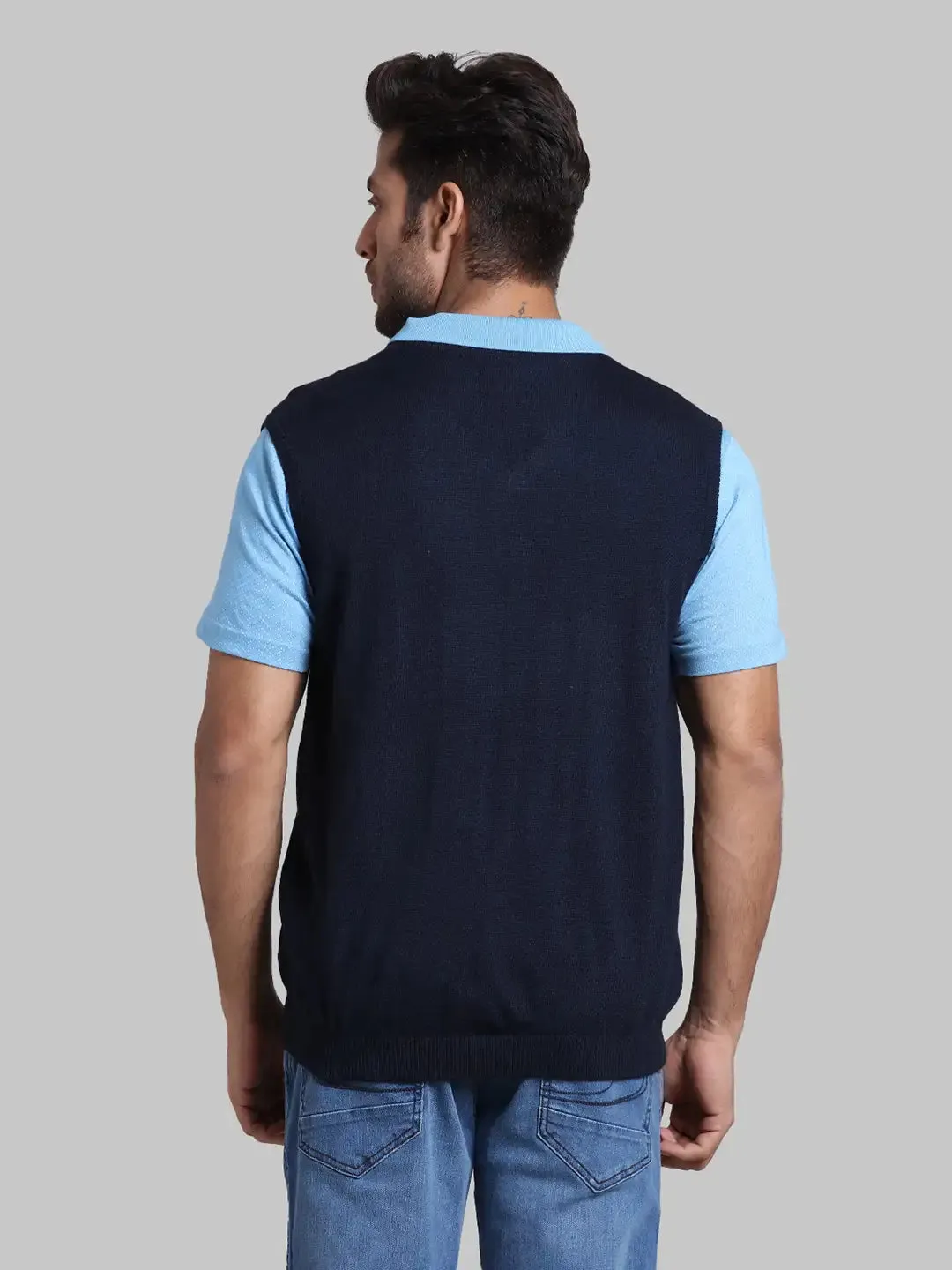 Men Blue Regular Fit Solid Wool Blend Sleeveless V Neck Collar Sweaters