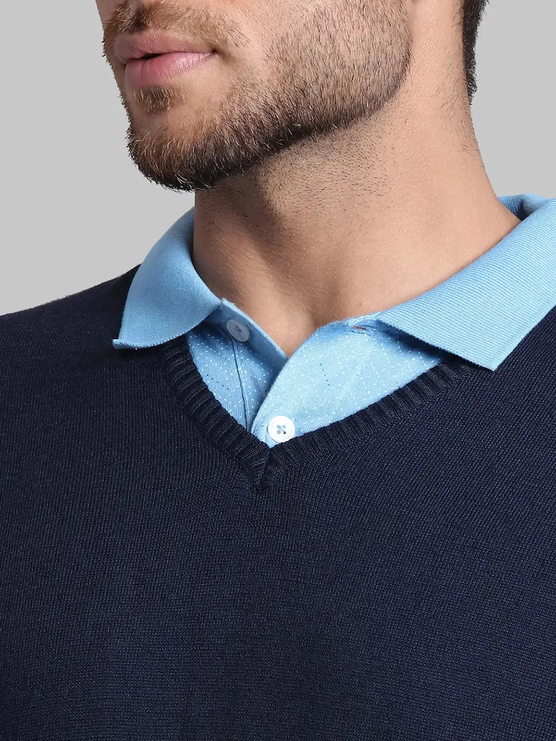 Men Blue Regular Fit Solid Wool Blend Sleeveless V Neck Collar Sweaters
