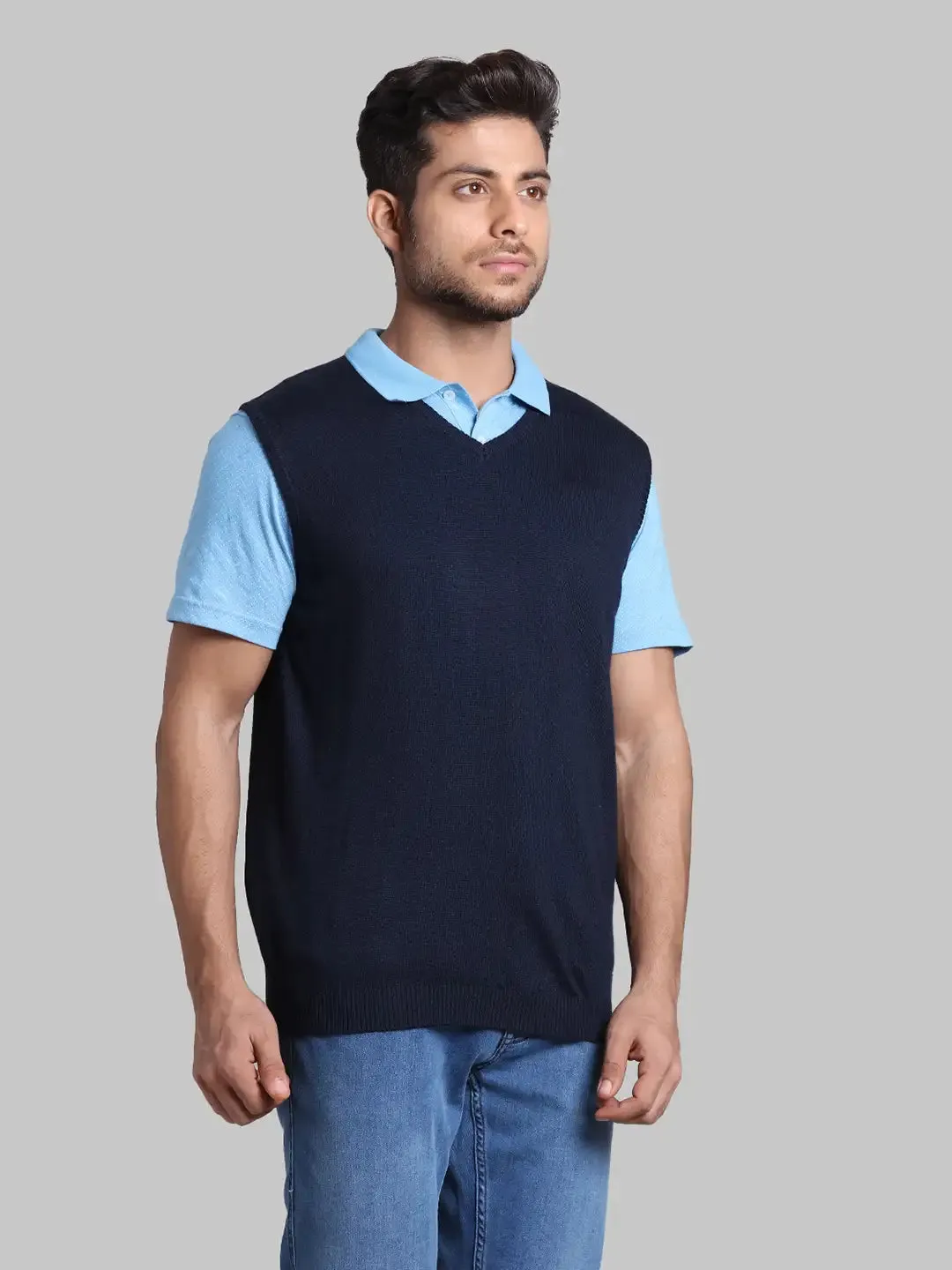 Men Blue Regular Fit Solid Wool Blend Sleeveless V Neck Collar Sweaters