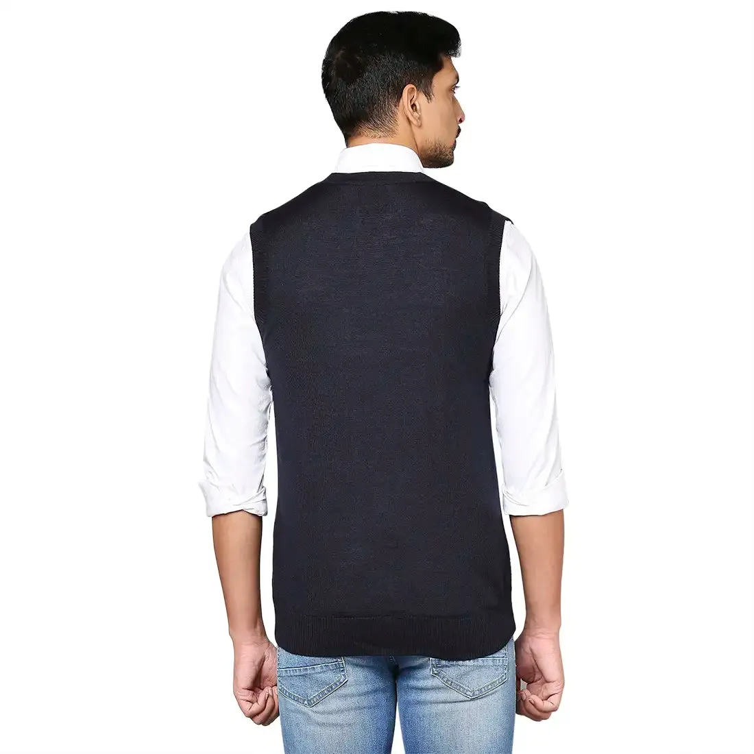 Men Blue Smart Fit Solid Wool Blend V Neck Collar Sweaters