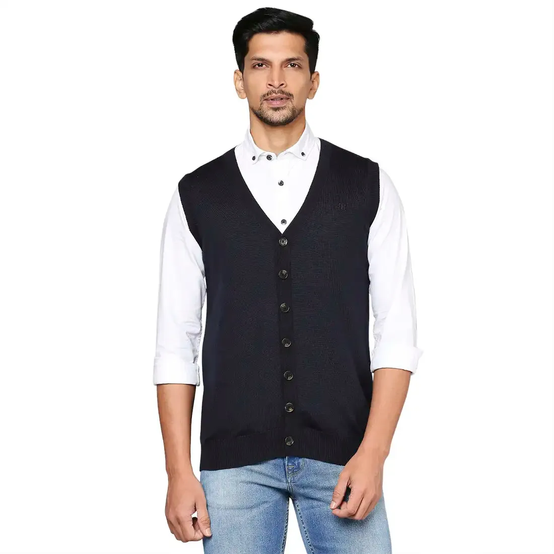 Men Blue Smart Fit Solid Wool Blend V Neck Collar Sweaters