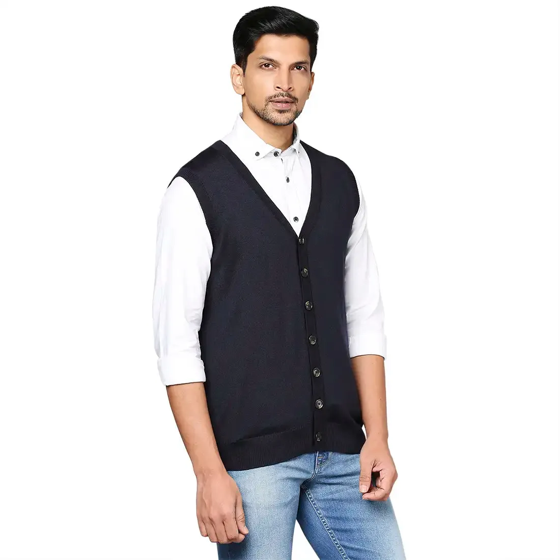 Men Blue Smart Fit Solid Wool Blend V Neck Collar Sweaters
