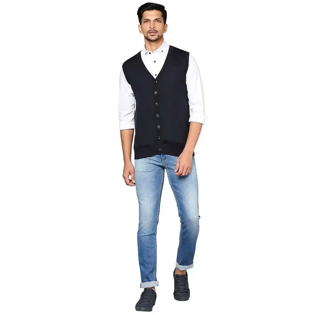Men Blue Smart Fit Solid Wool Blend V Neck Collar Sweaters