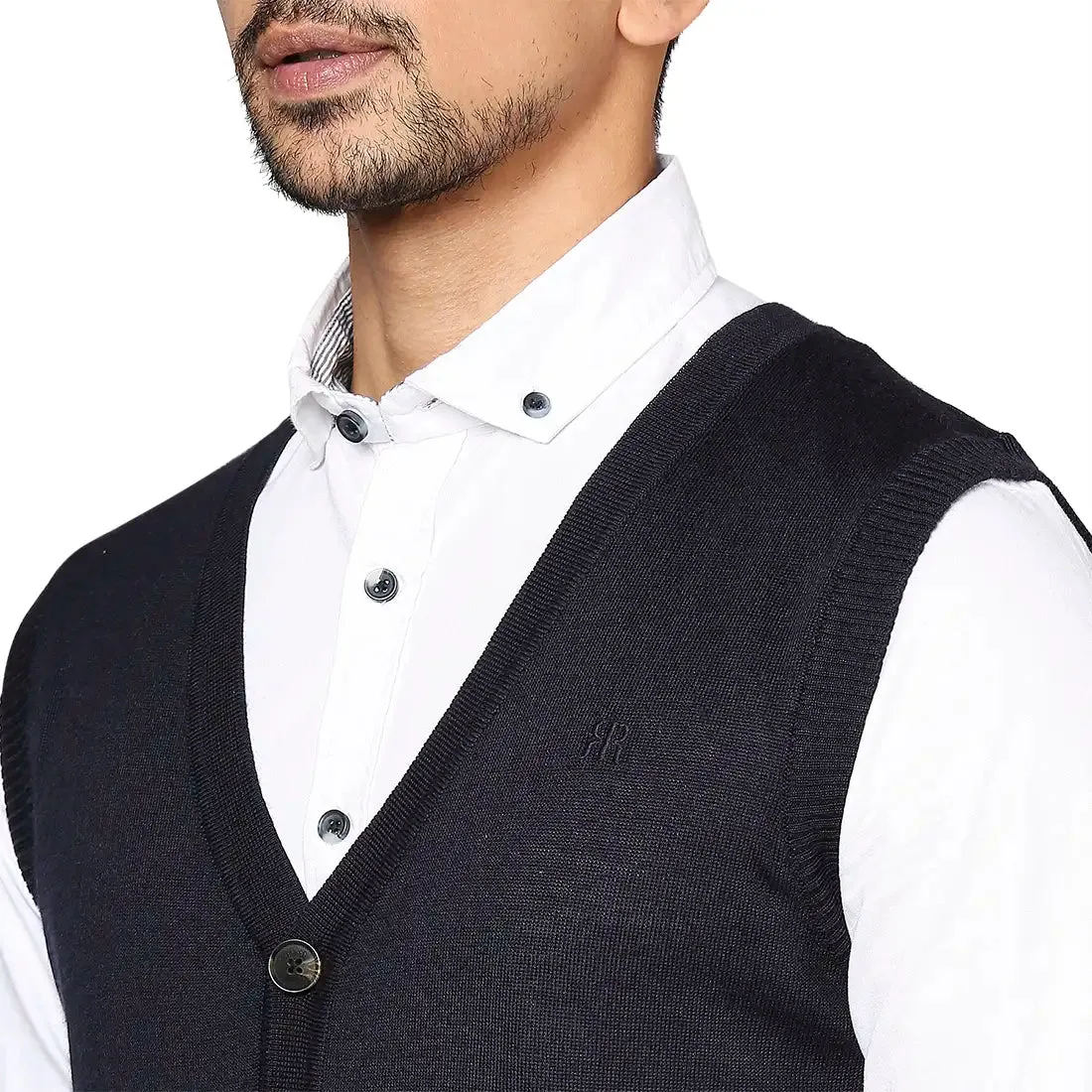 Men Blue Smart Fit Solid Wool Blend V Neck Collar Sweaters