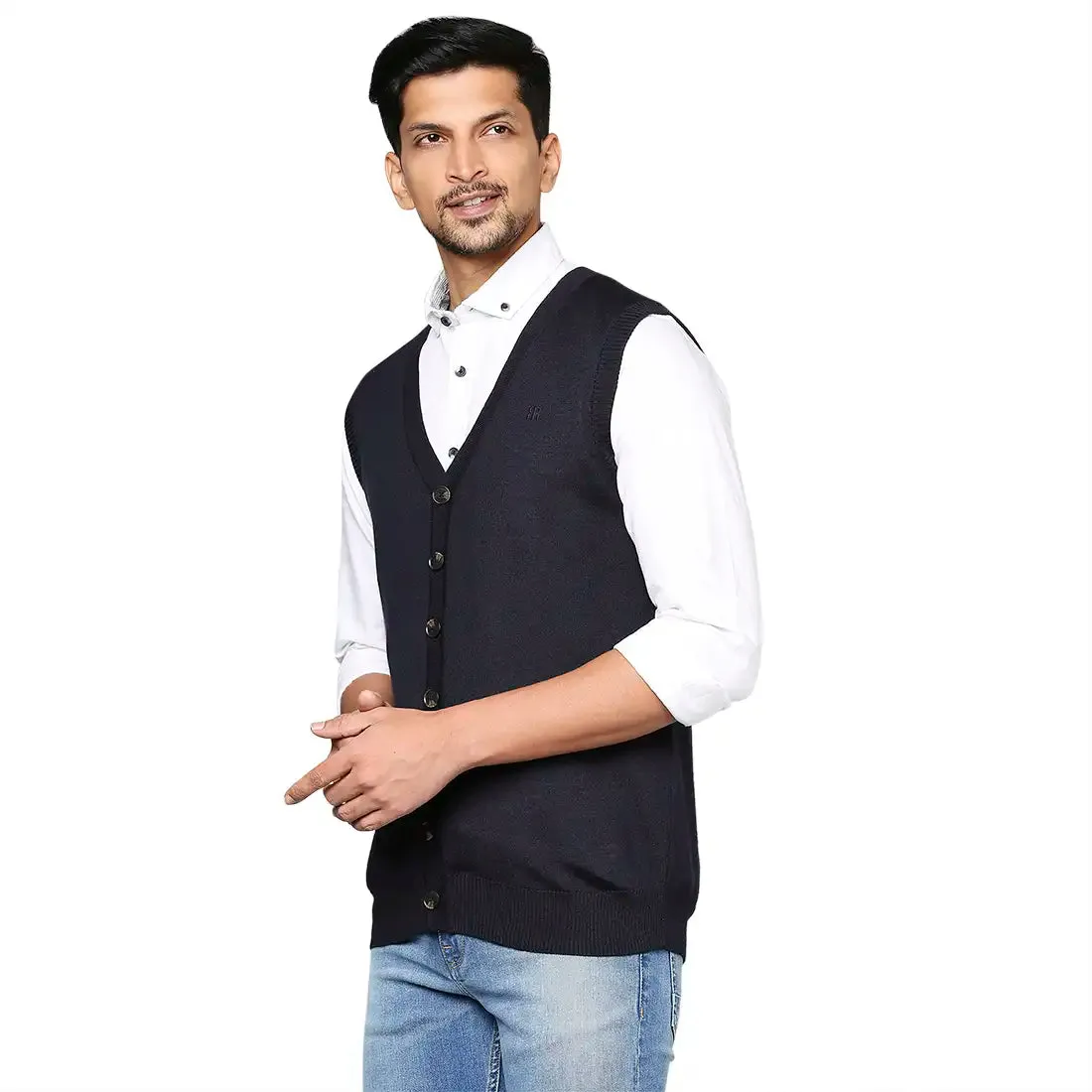Men Blue Smart Fit Solid Wool Blend V Neck Collar Sweaters