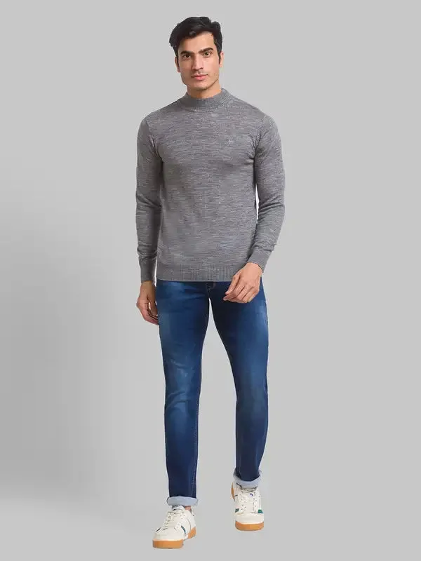 Men Grey Solid Acrylic Wool Blend Full Sleeve Sweaters