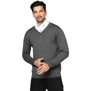 Men Grey Solid Merino Wool Full Sleeve V Neck Collar Sweaters
