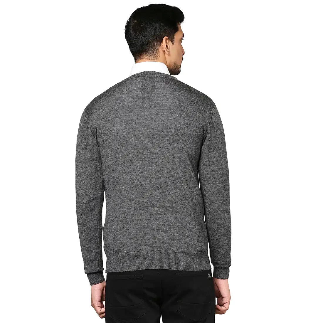 Men Grey Solid Merino Wool Full Sleeve V Neck Collar Sweaters