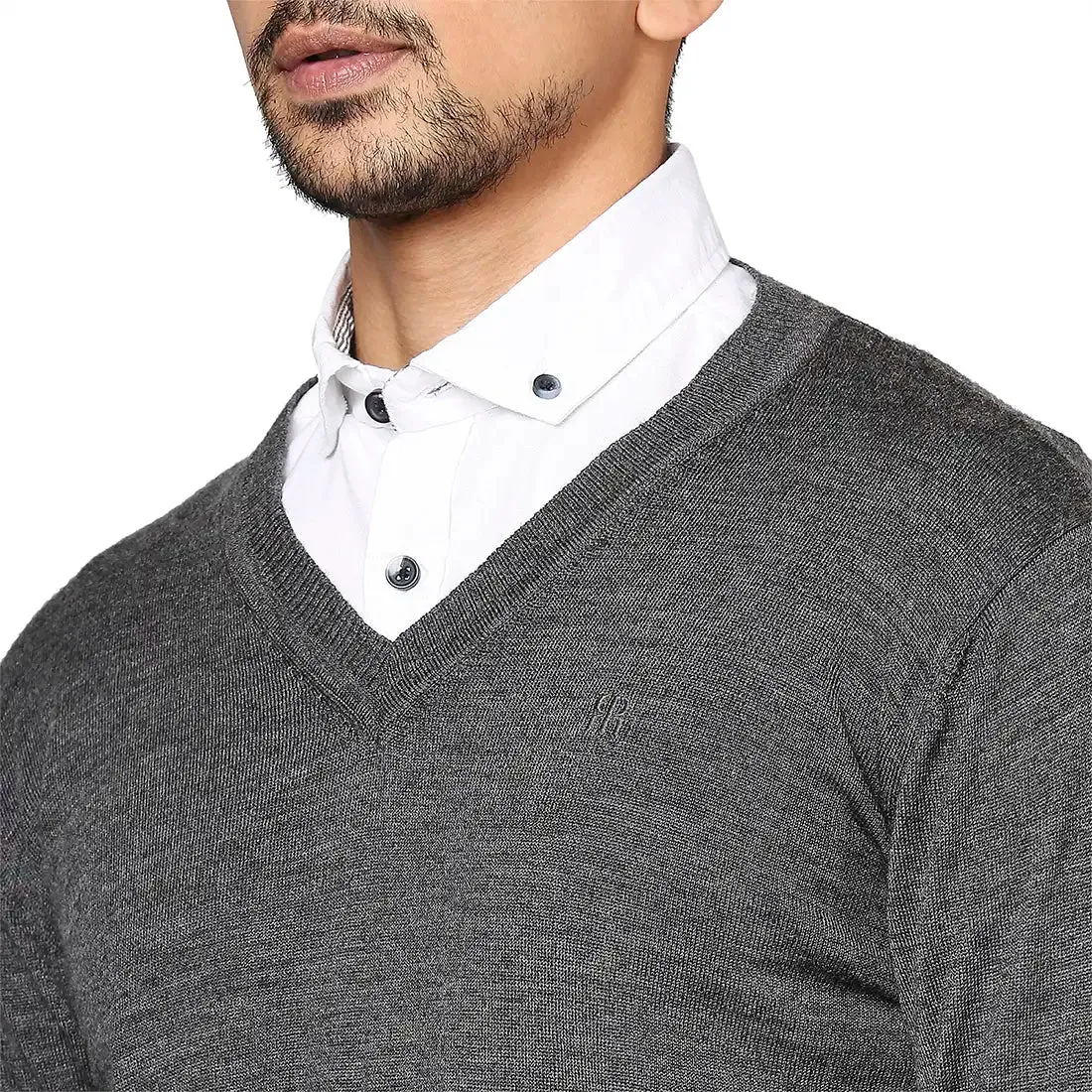 Men Grey Solid Merino Wool Full Sleeve V Neck Collar Sweaters