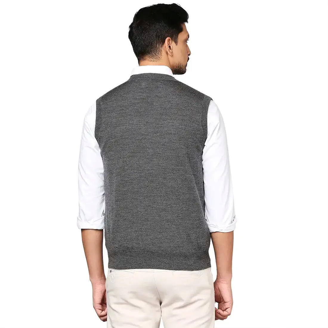 Men Grey Solid Merino Wool V Neck Collar Sweaters