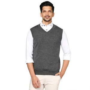 Men Grey Solid Merino Wool V Neck Collar Sweaters