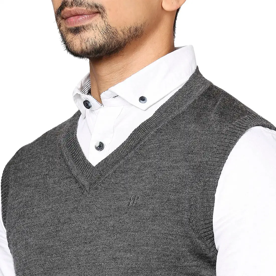 Men Grey Solid Merino Wool V Neck Collar Sweaters