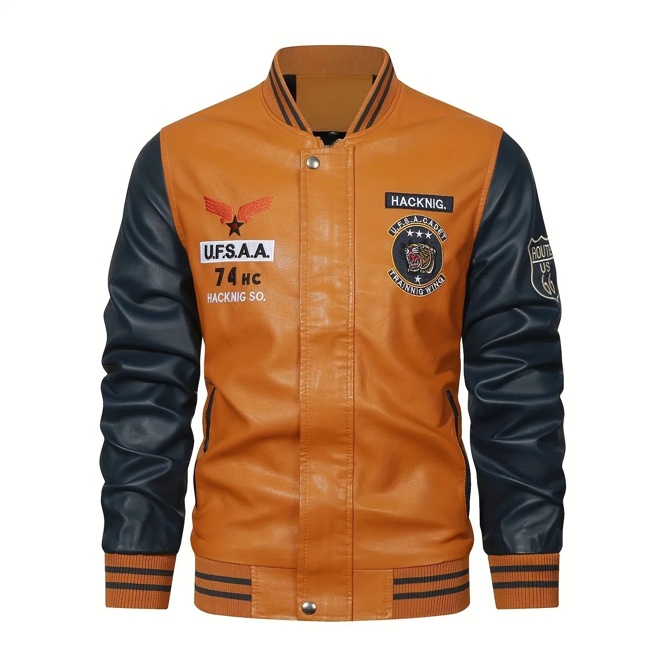 Men's Graceful Faux Goatskin Jackets with "R" Print And Zipper