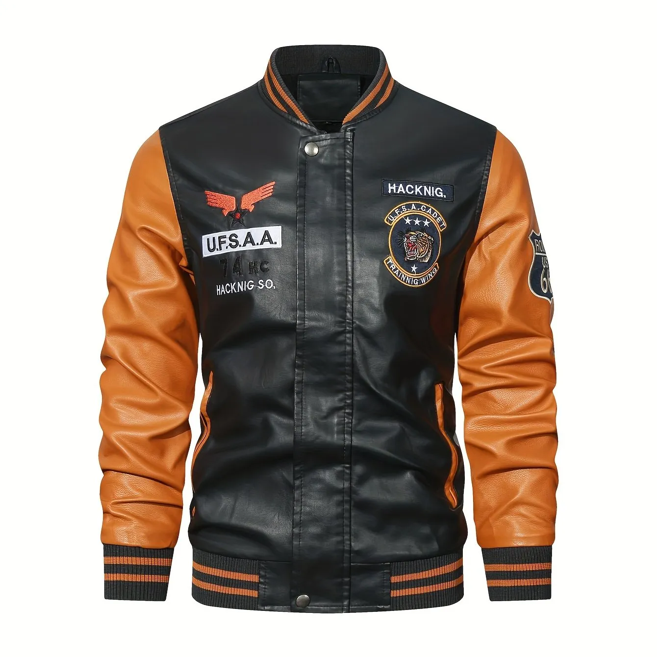 Men's Graceful Faux Goatskin Jackets with "R" Print And Zipper