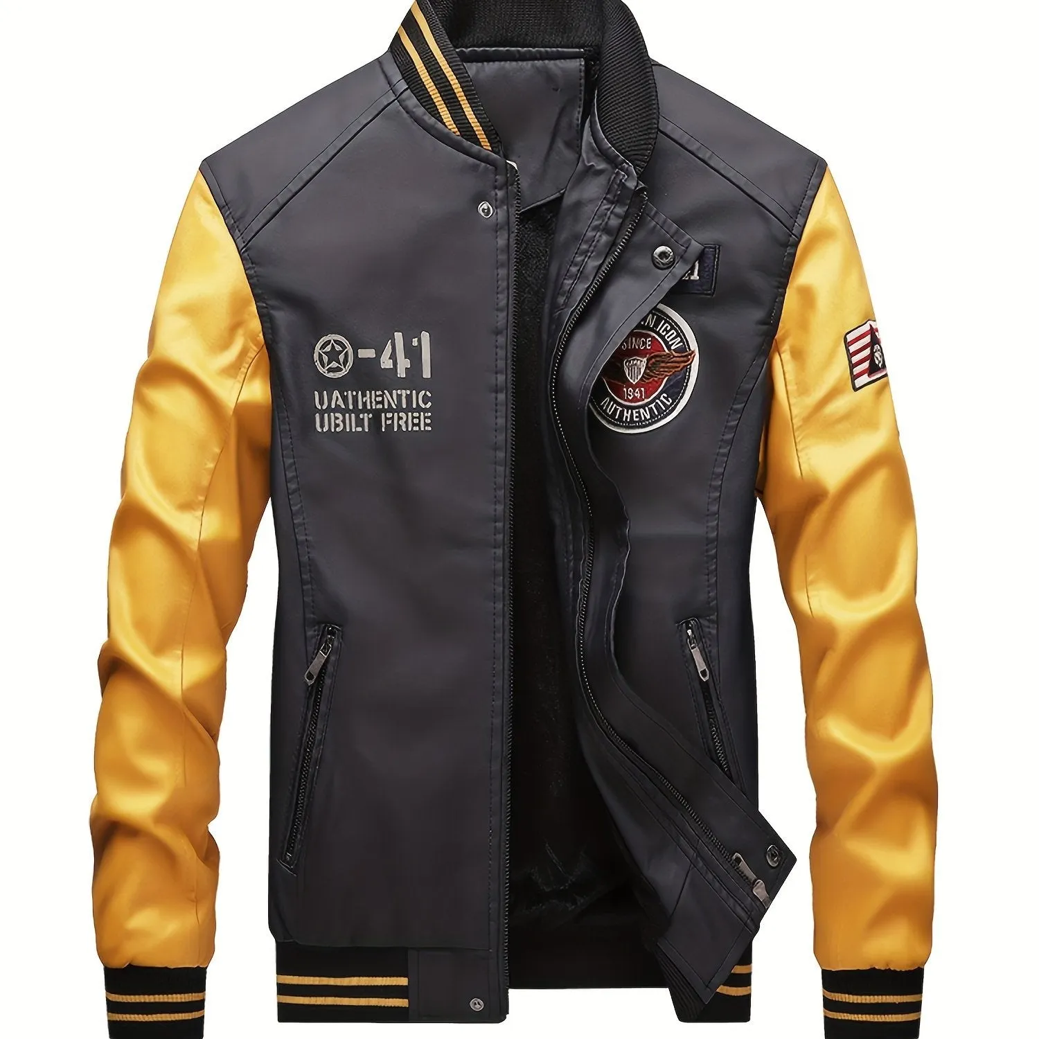 Men's Graceful Faux Goatskin Jackets with "R" Print And Zipper